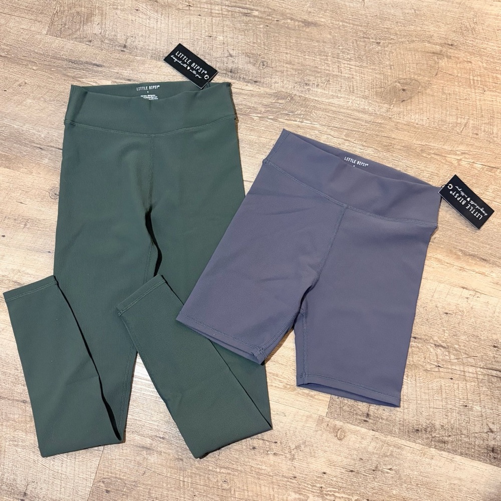 NWT Little Bipsy Girls Ribbed Olive Green Leggings and Gray Bike Shorts Set Sz 9